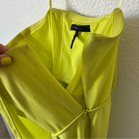 BCBGMaxAzria Neon Green, Yellow Strapless Asymmetrical Wrap Formal Midi Dress - Picture 6 of 11
